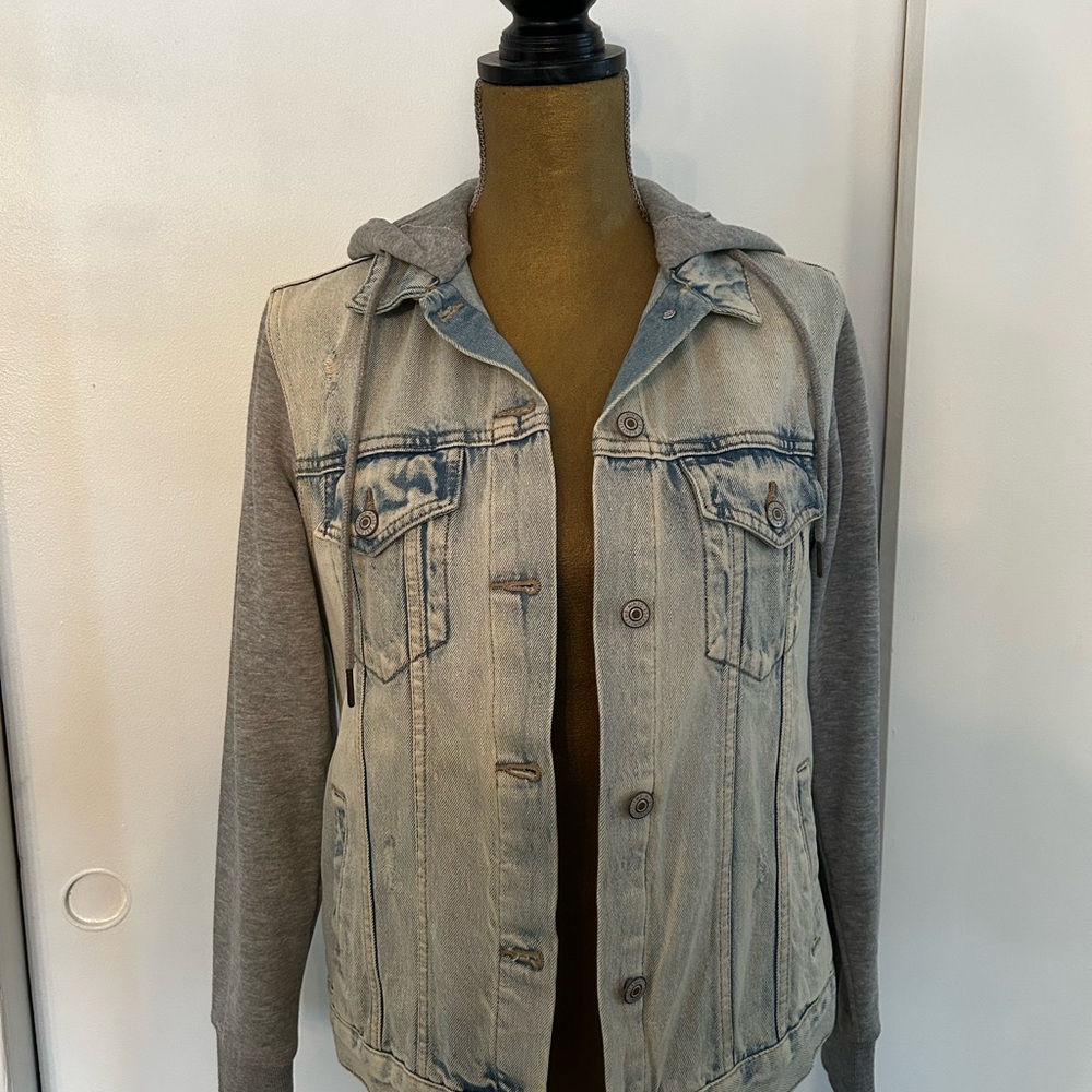 Denim and Gray Hooded Jacket